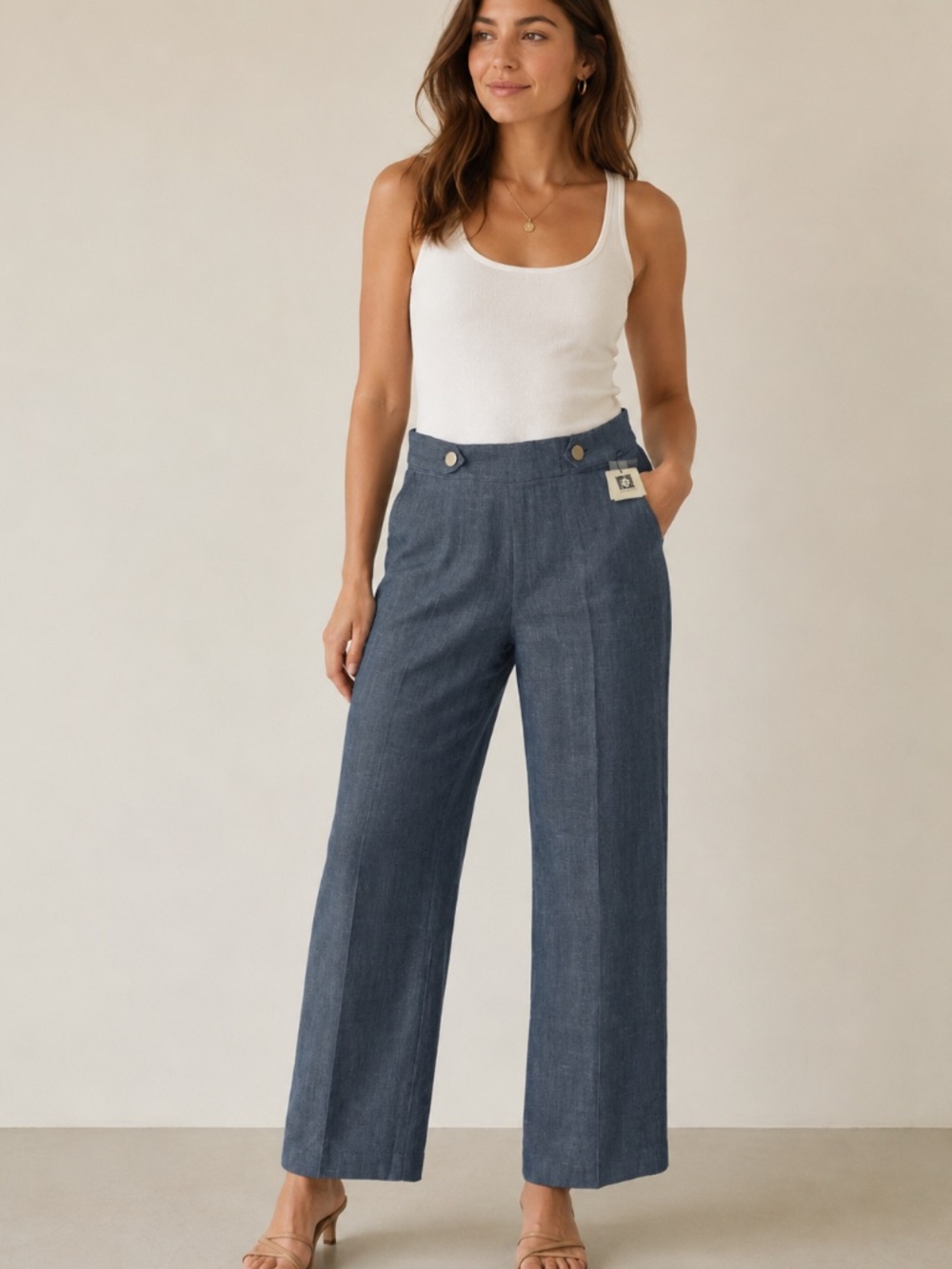 NWT Anne Klein Navy, linen blend pull on wide leg high rise pants med
